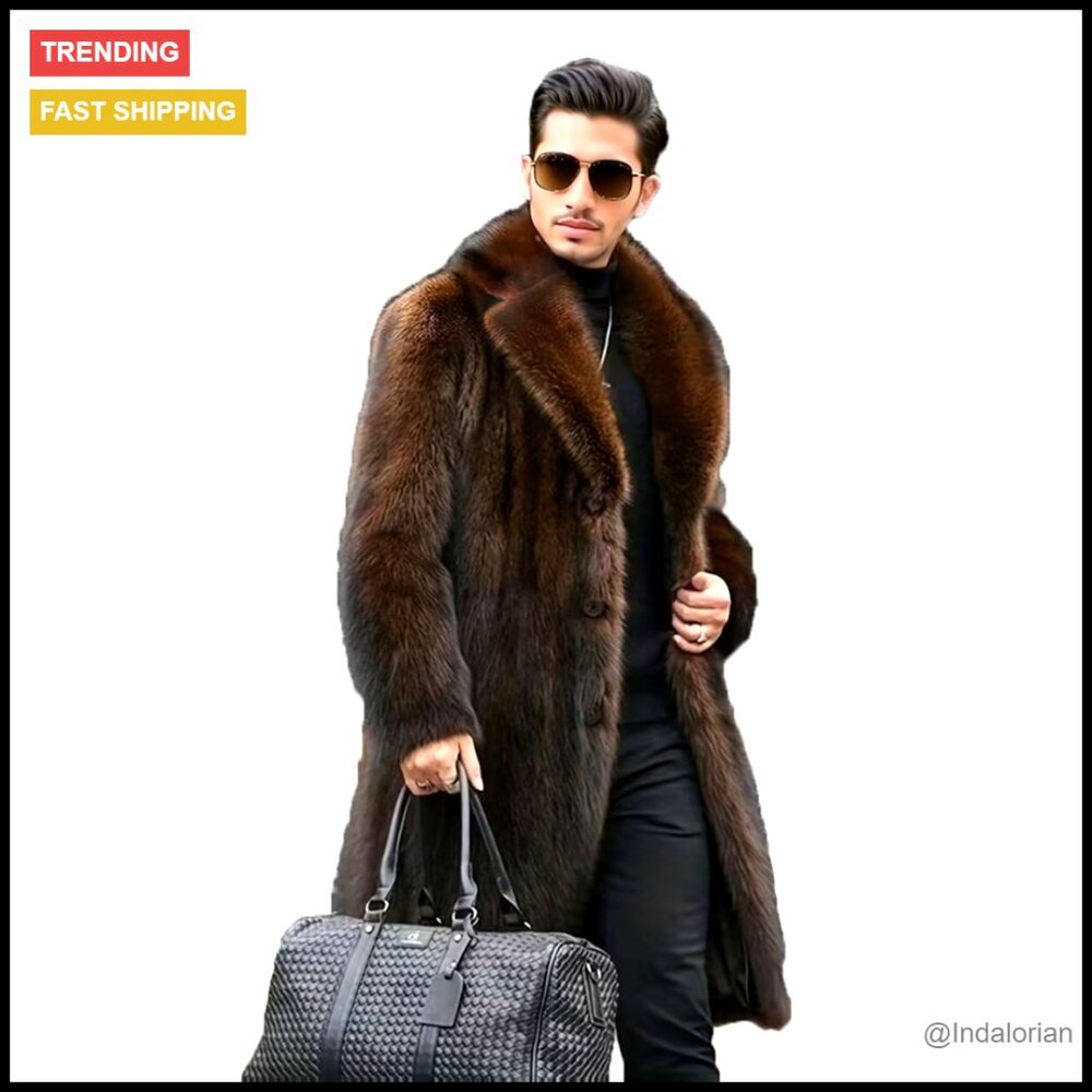 Men's Faux Fur Trench Coat Winter Long Fluffy Thick Overcoat